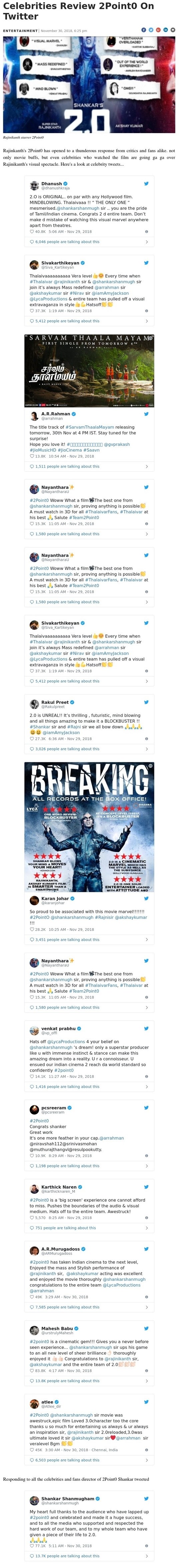 Celebrities tweets on 2.0 movie